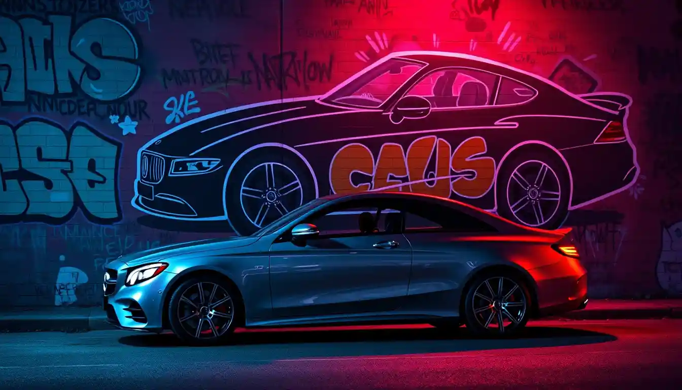 Berlina di lusso parcheggiata davanti a un vivace murale di graffiti