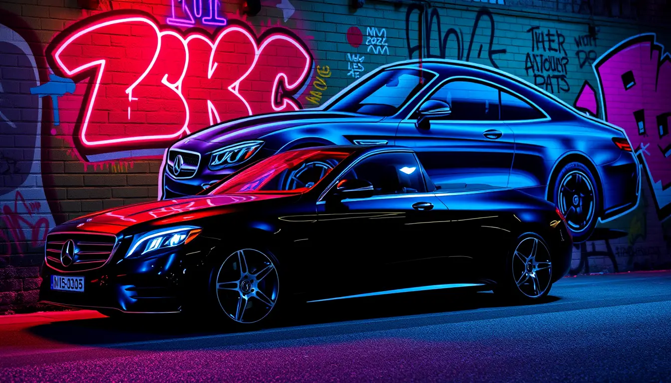 Luxury sedan parked by vibrant graffiti mural wall