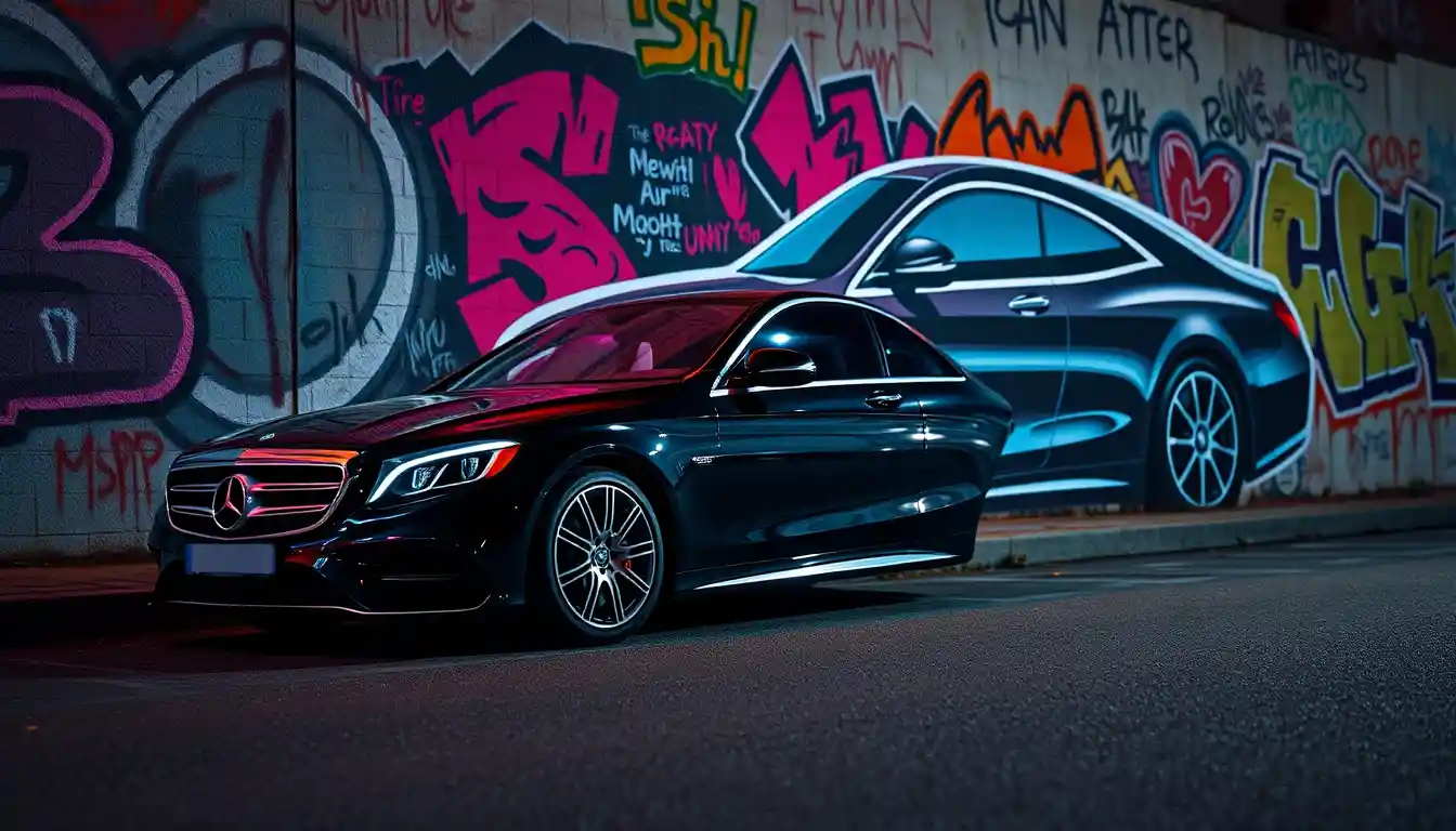 Luxuslimousine neben bunter Graffiti-Wand geparkt