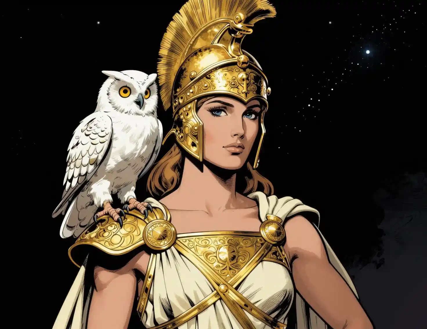 Heroic goddess portrait with owl under a starry sky
