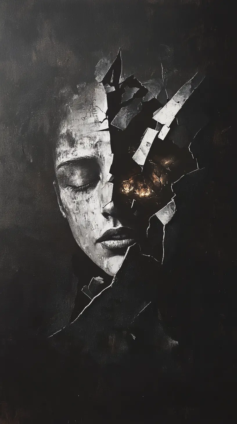 Human Form Dissolving Into Dark Geometric Shadow Shards