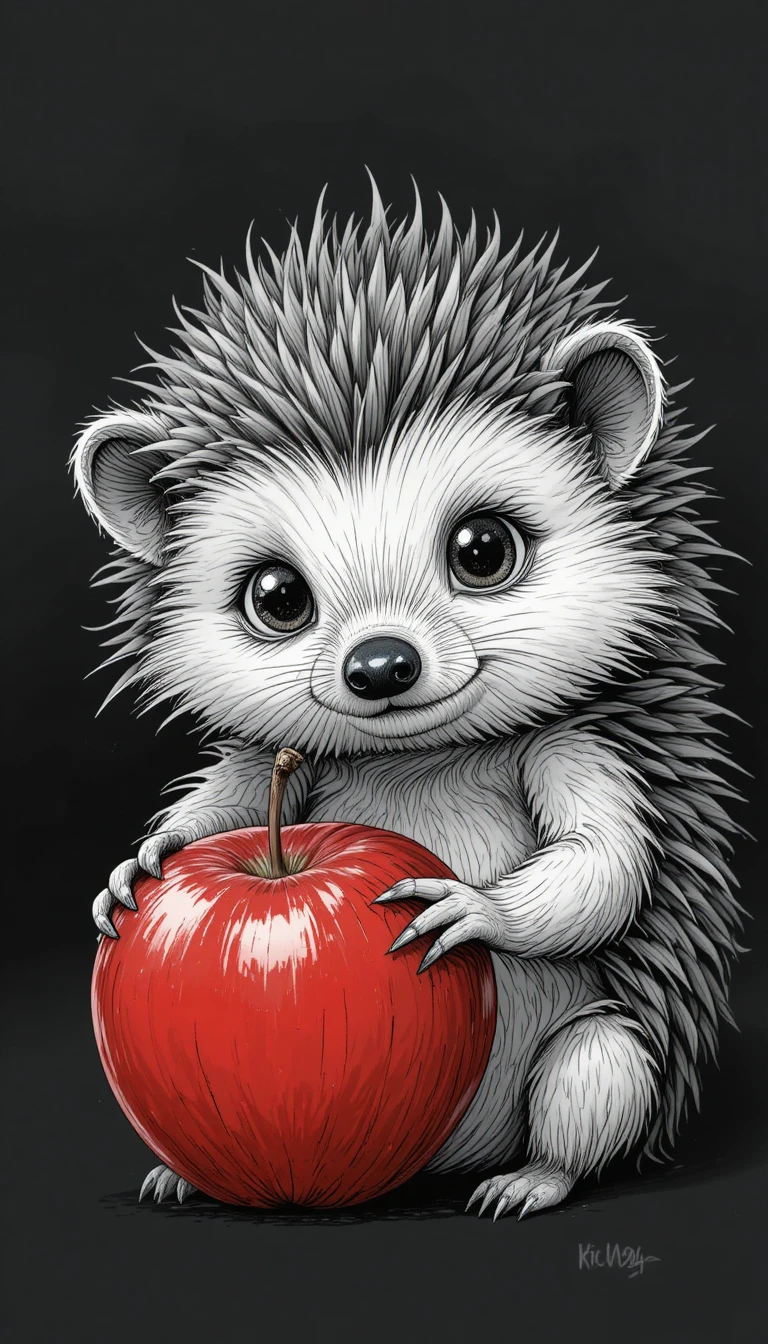 Cute hedgehog holding a red apple in black and white illustration