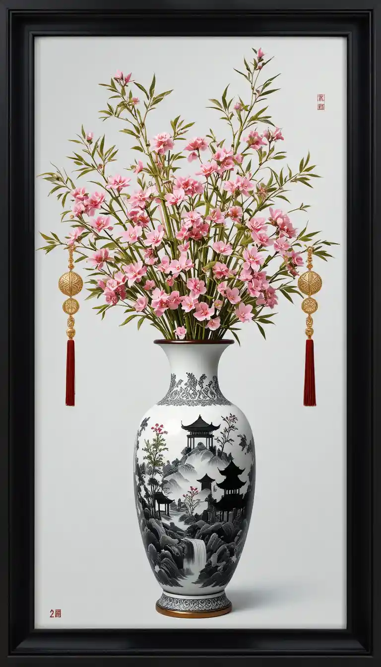 Bambú chino y flores de cerezo en un jarrón de porcelana ornamentado