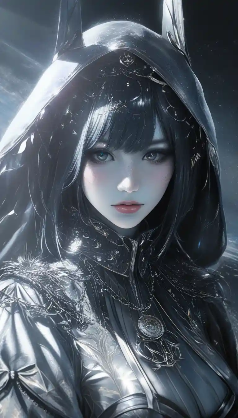 Woman in black veil on alien world before gothic cathedral