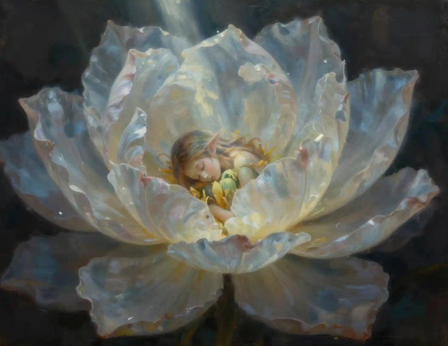 Sleeping fairy cradled inside a glowing translucent flower