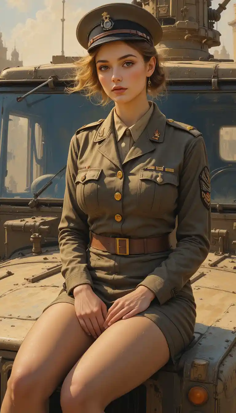 Woman officer sitting on a military vehicle in oil painting
