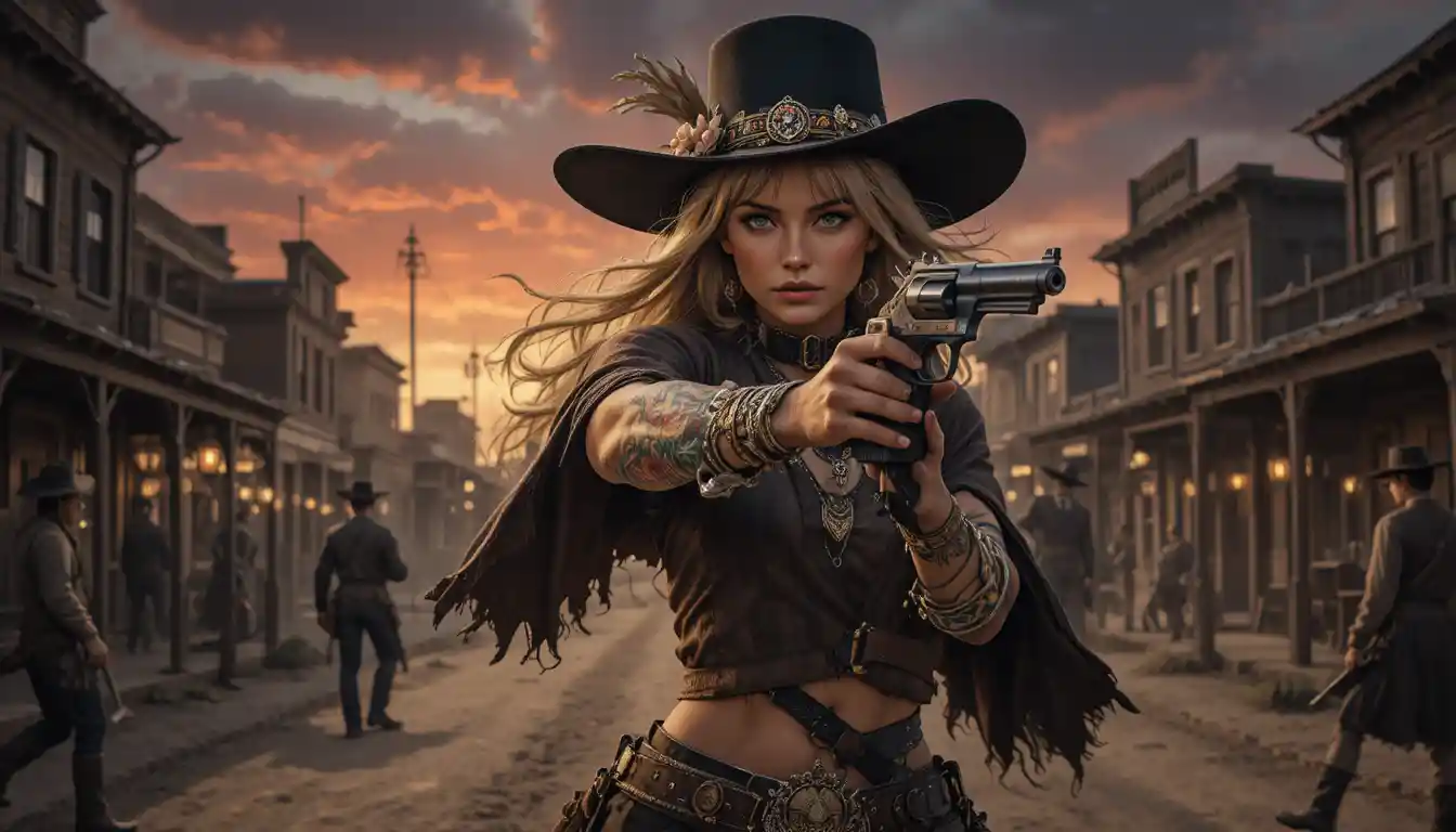 Female sheriff in a tense old west street gunfight