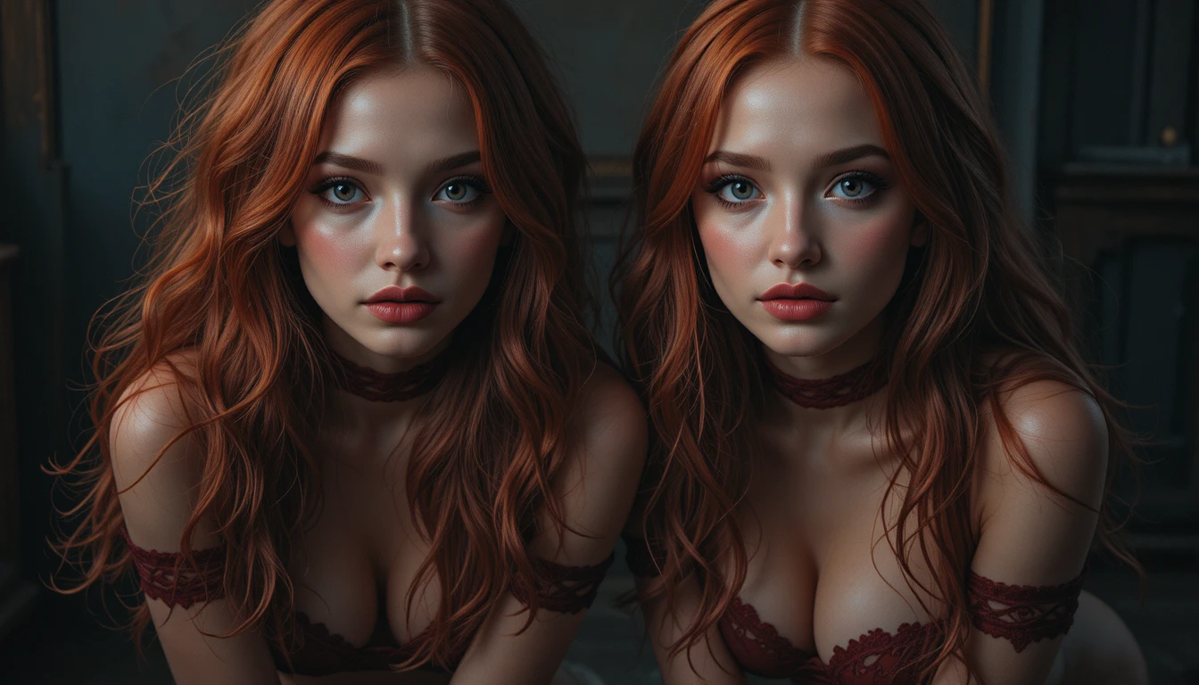 Two women kneeling in crimson wedding lingerie in studio