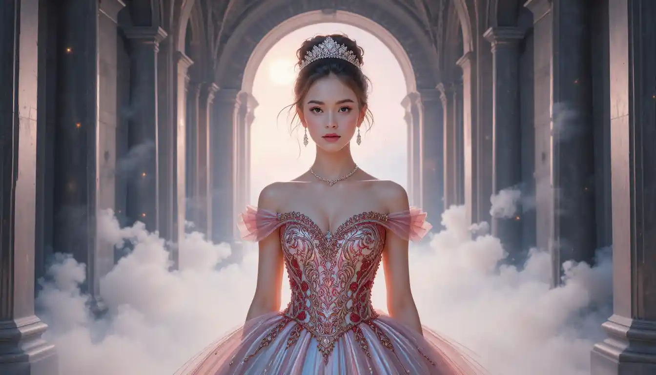 Princesa regia en portal celestial resplandeciente con niebla