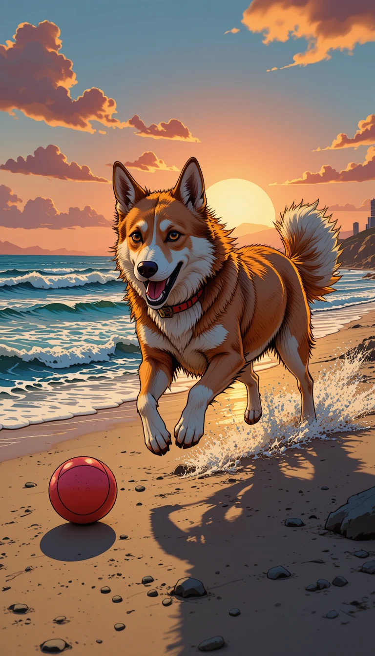 夕暮れのビーチで赤いボールを追いかける遊び好きな犬