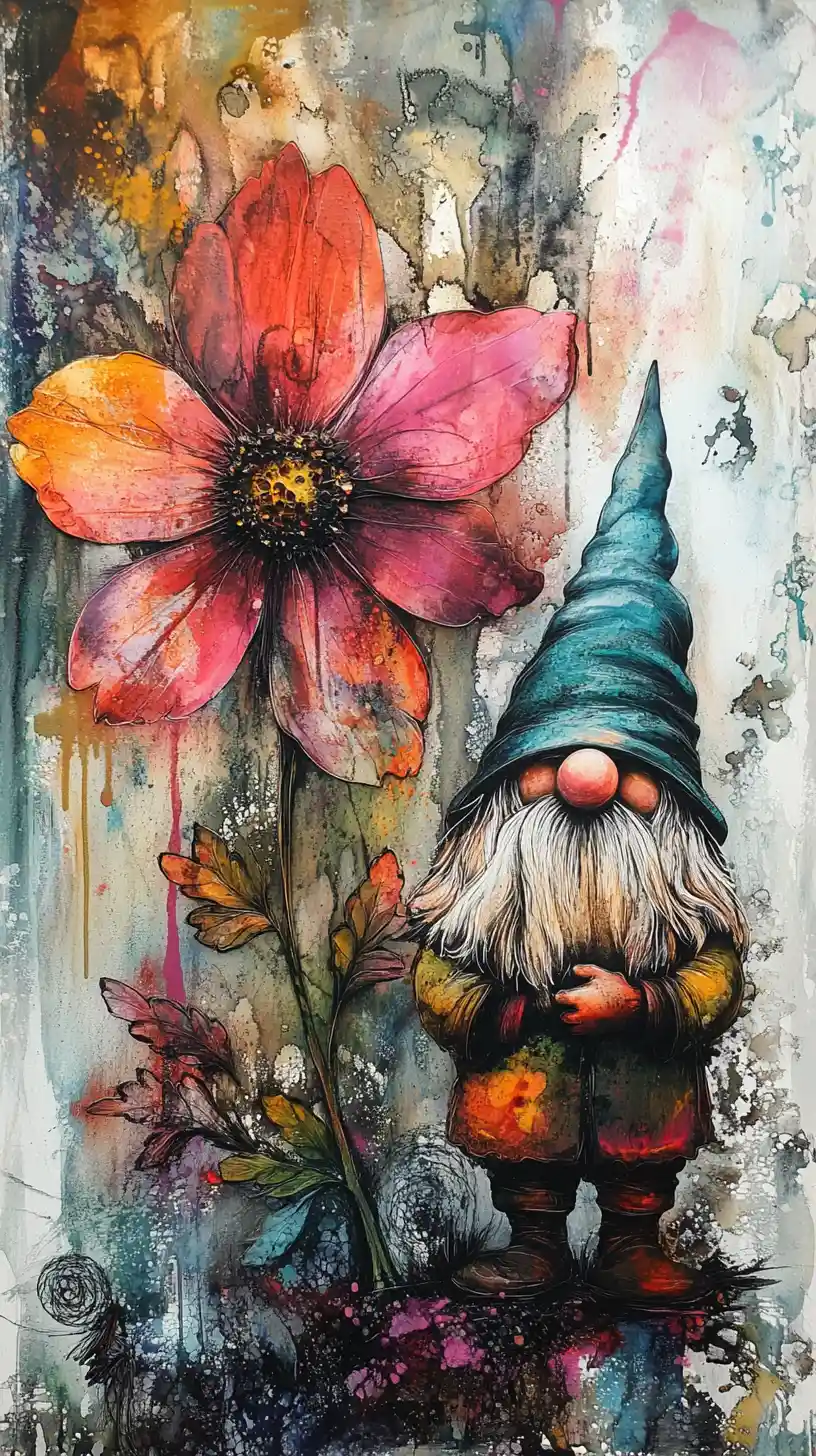 Whimsical gnome beside abstract dark ink flower