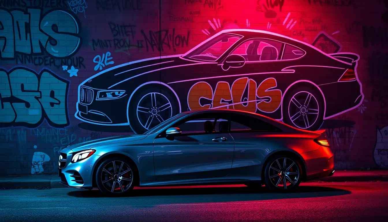 Luxury sedan parked before vibrant graffiti mural wall