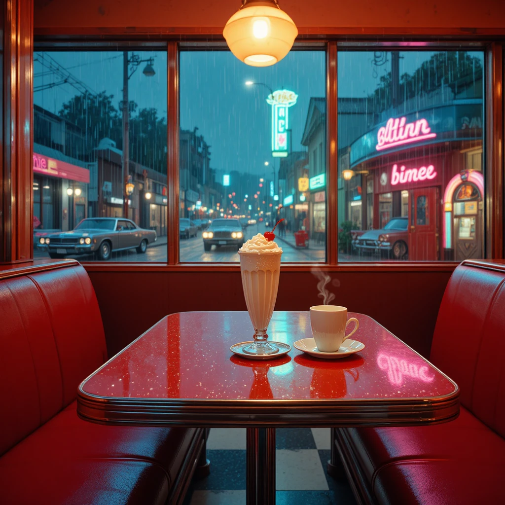Cabine de diner aconchegante dos anos 1950 com milk-shake e café