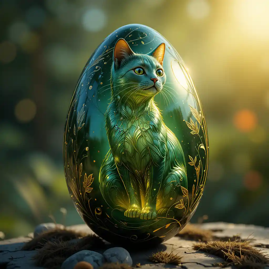 Dark green egg glowing softly in warm sunlight