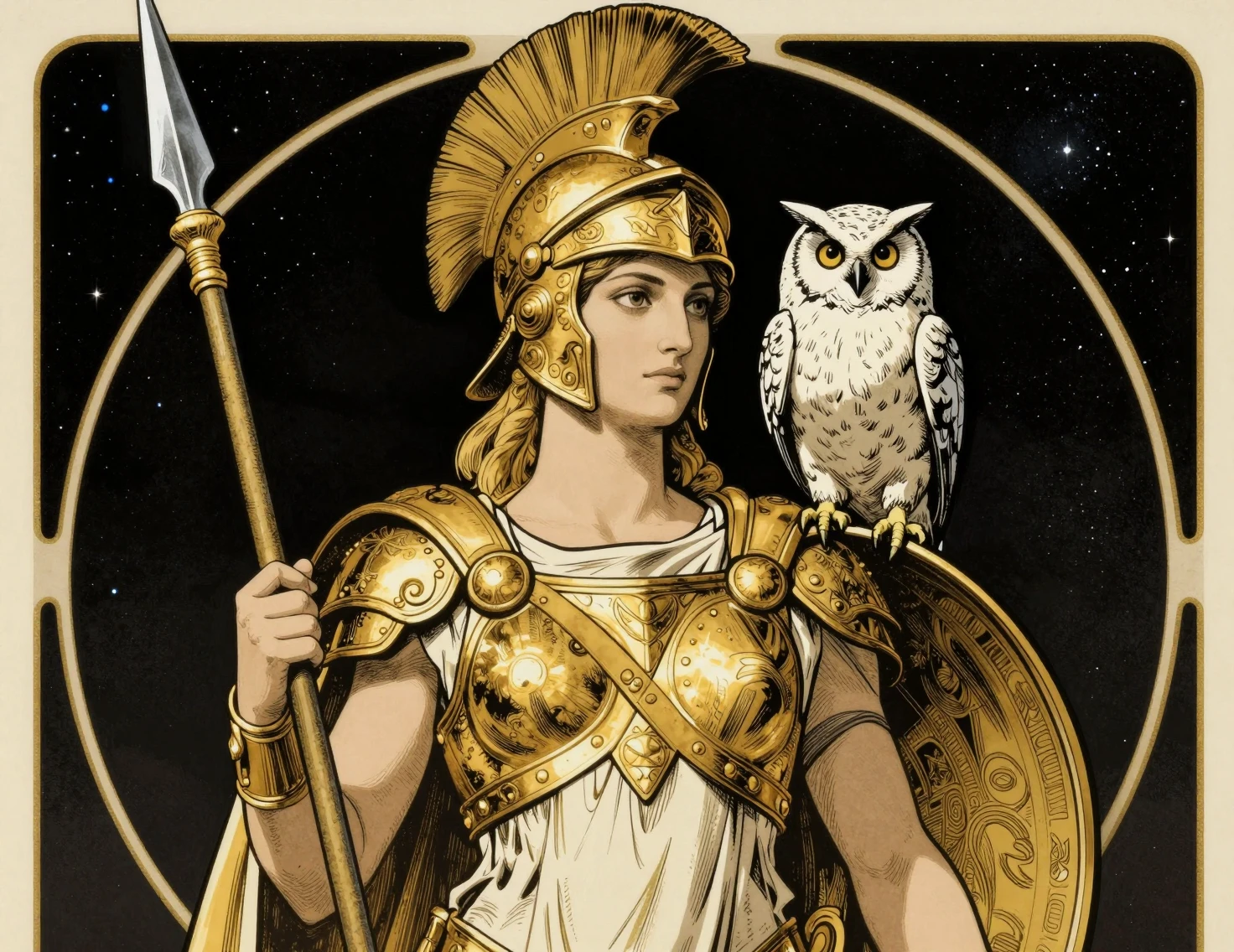 Atena com coruja em ilustração celestial art nouveau