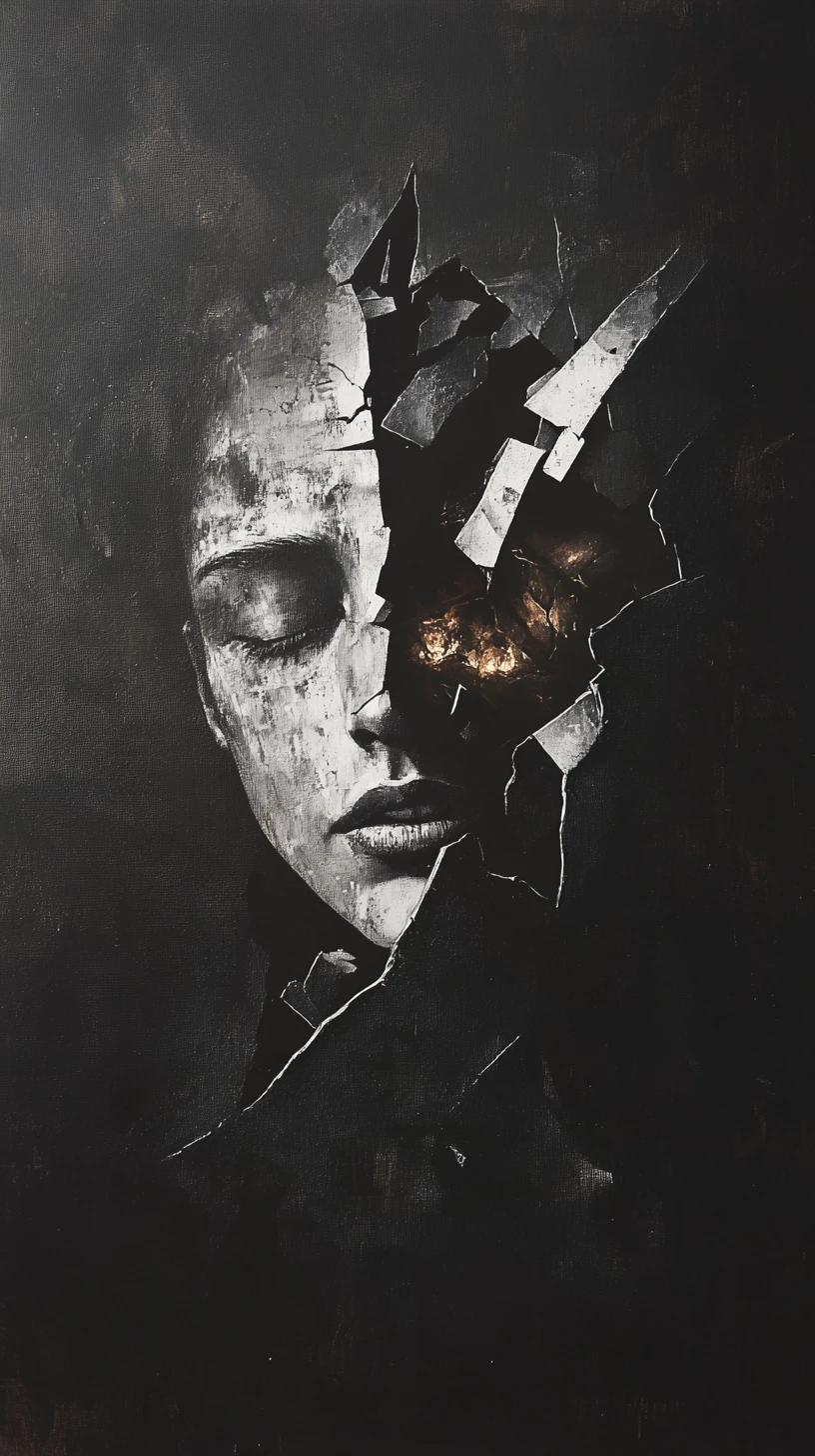 Human Form Dissolving Into Dark Geometric Shadow Shards