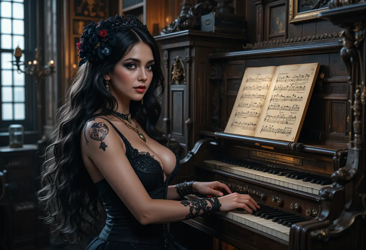 Gothic girl playing a pipe organ with flowing black hair