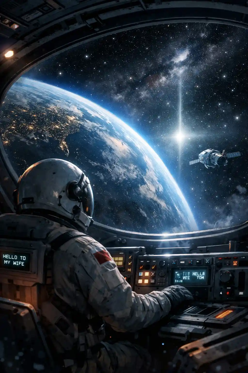 Lonely spaceship drifting weightlessly above the distant blue Earth