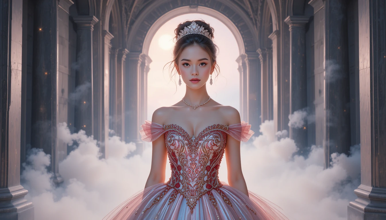 Princesa regia en portal celestial resplandeciente con niebla