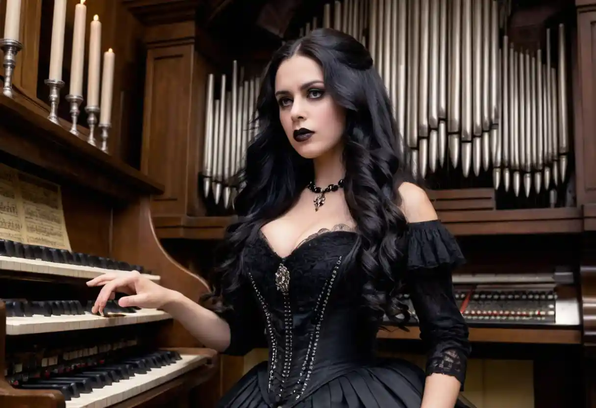 Gothic girl playing a grand pipe organ with intensity