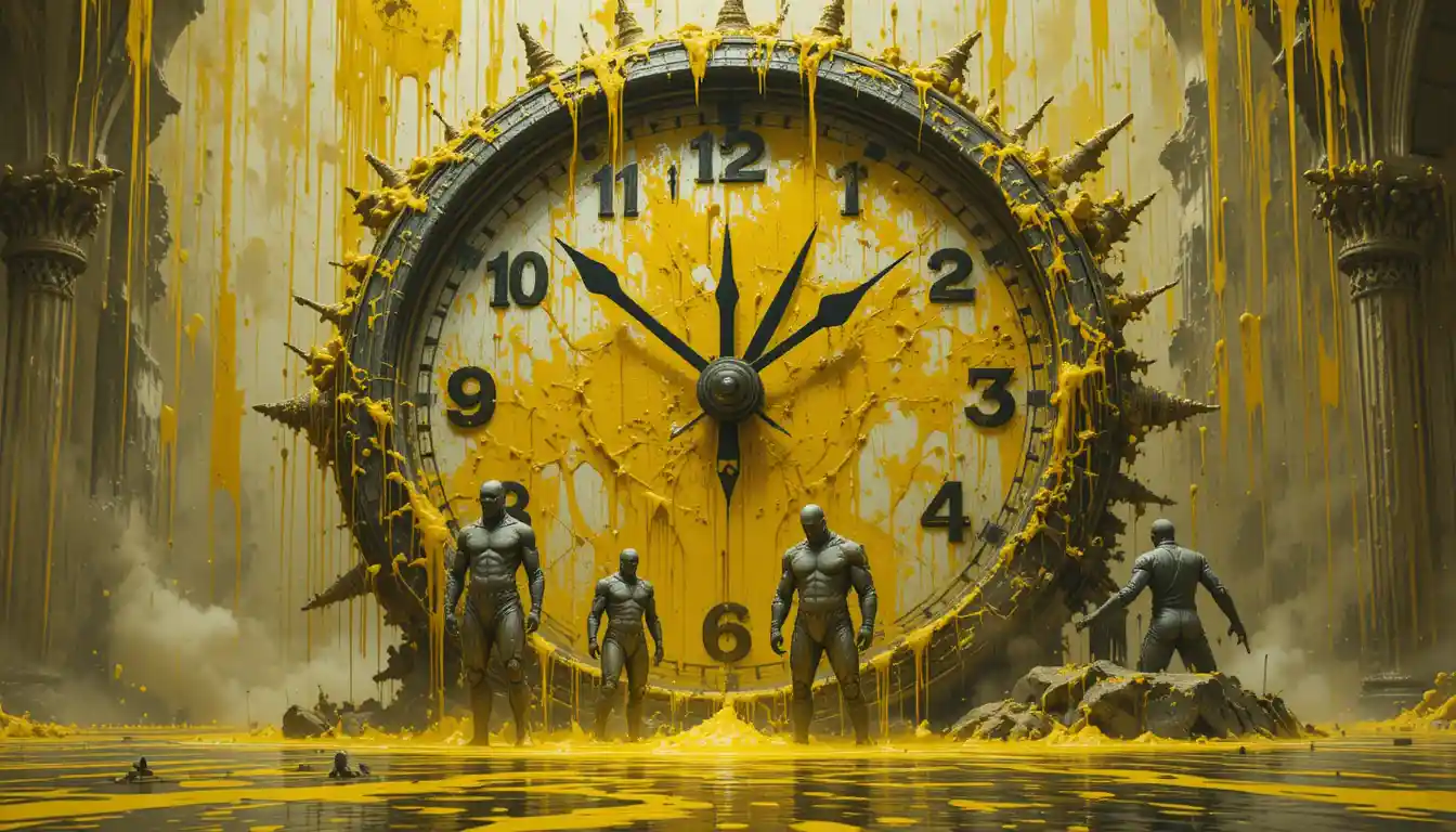 Surreal digital clock covered in yellow goo and shadows