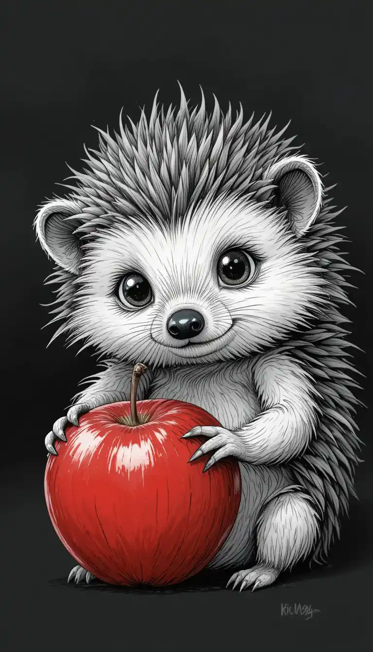 Cute hedgehog holding a red apple in black and white illustration