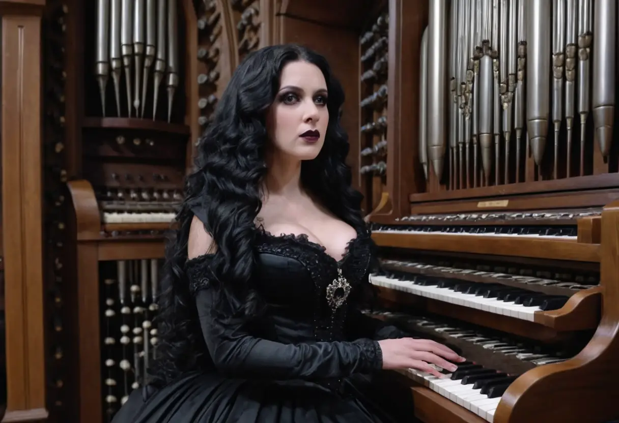Gothic girl playing a grand pipe organ in a dark room