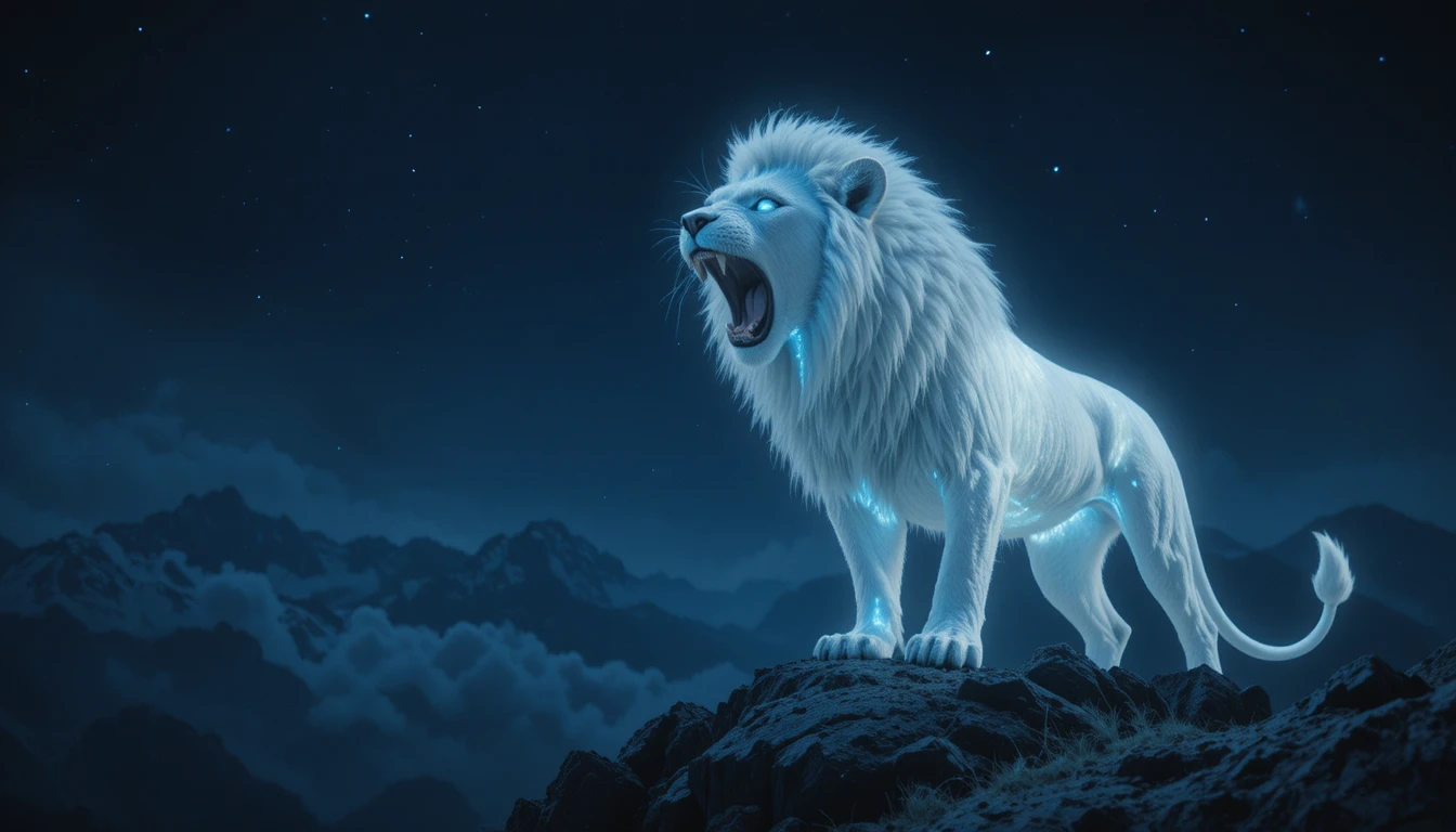 León blanco de ojos azules rugiendo en una montaña por la noche