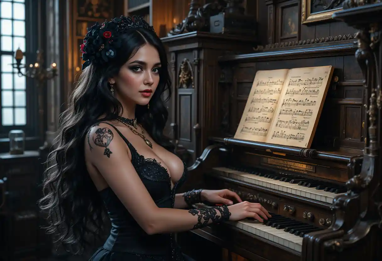 Gothic girl playing a pipe organ with flowing black hair