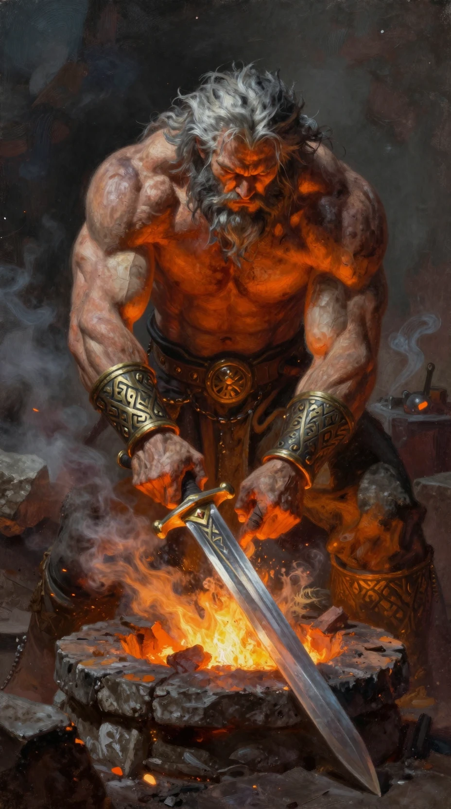 Mythic blacksmith forging a glowing divine sword