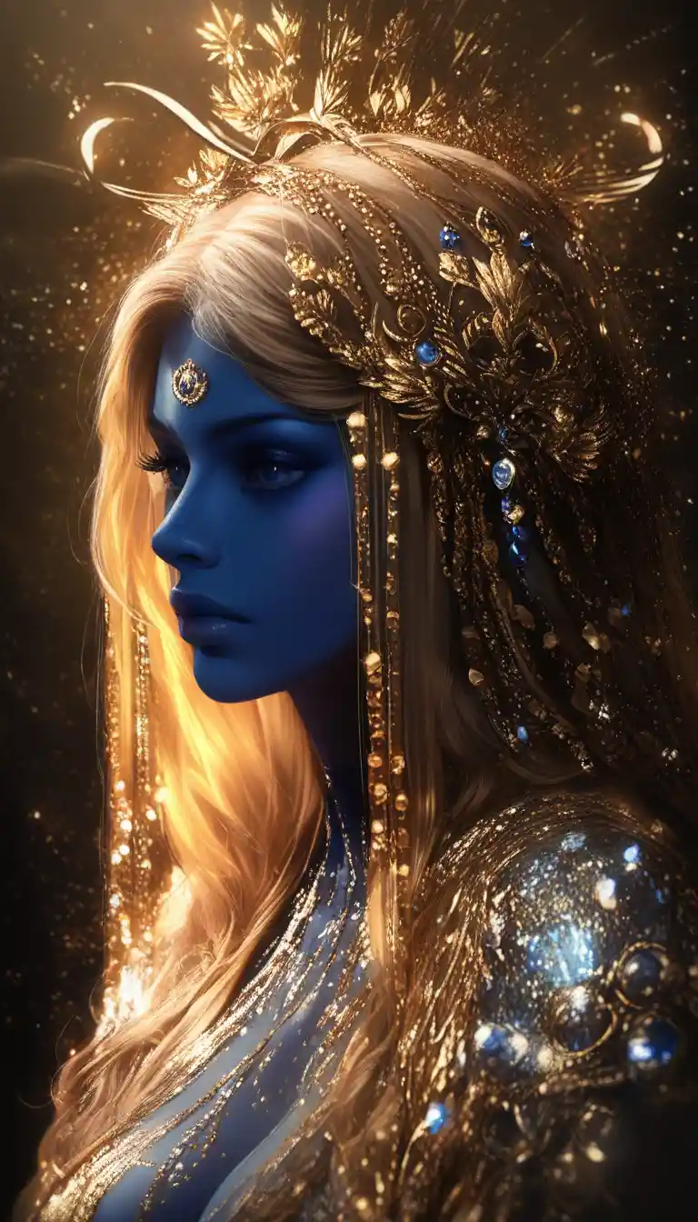 Mystical blue skinned woman crowned in gold and pearls