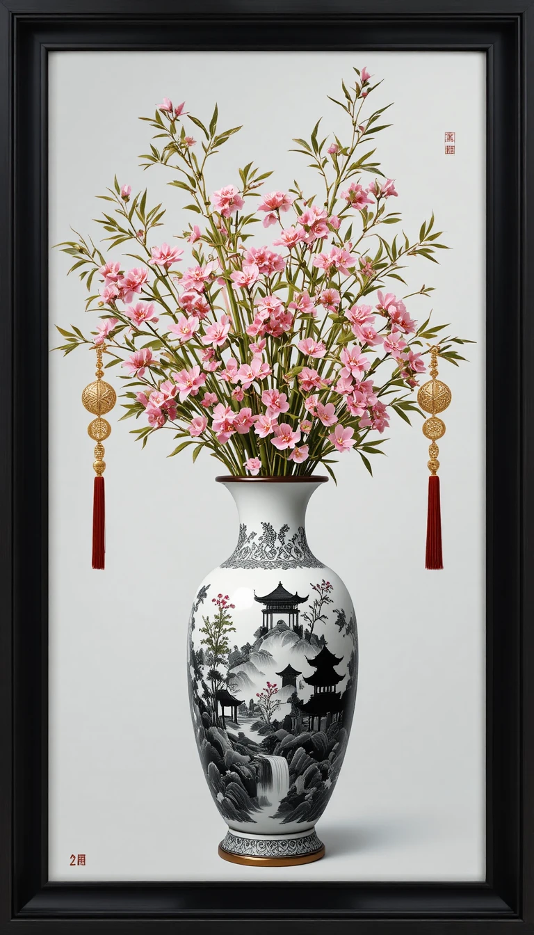 Bambú chino y flores de cerezo en un jarrón de porcelana ornamentado