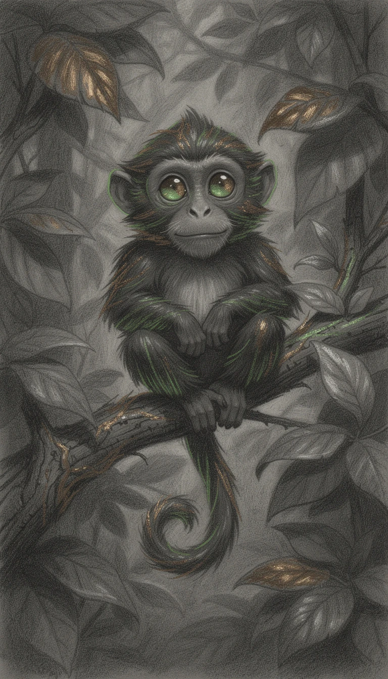 Retrato a carbón de un mono que brilla en un árbol frondoso