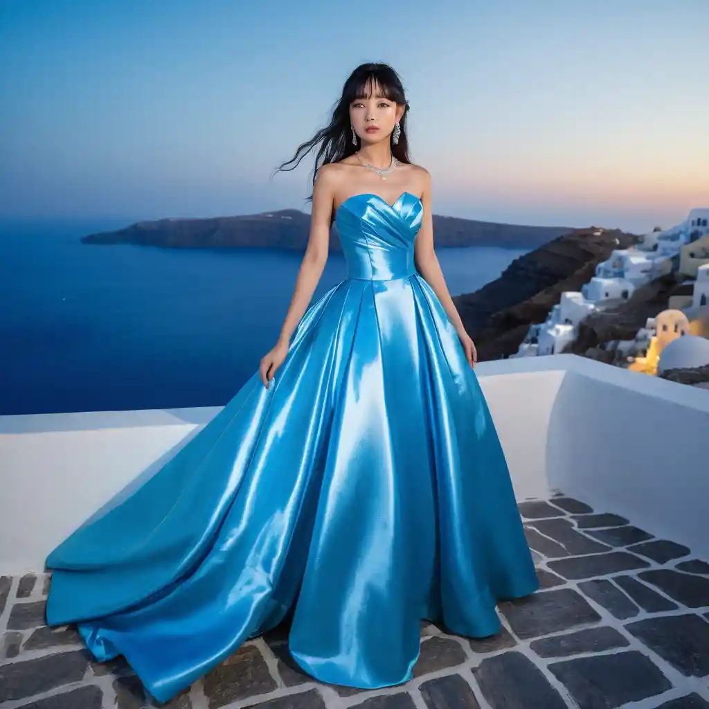Garota japonesa elegante em vestido de cetim azul à noite