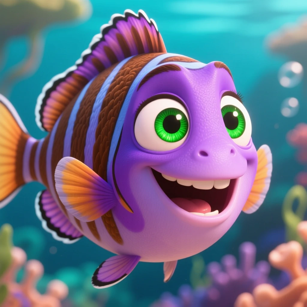 Pez morado alegre con ojos verdes en estilo caricatura 3D