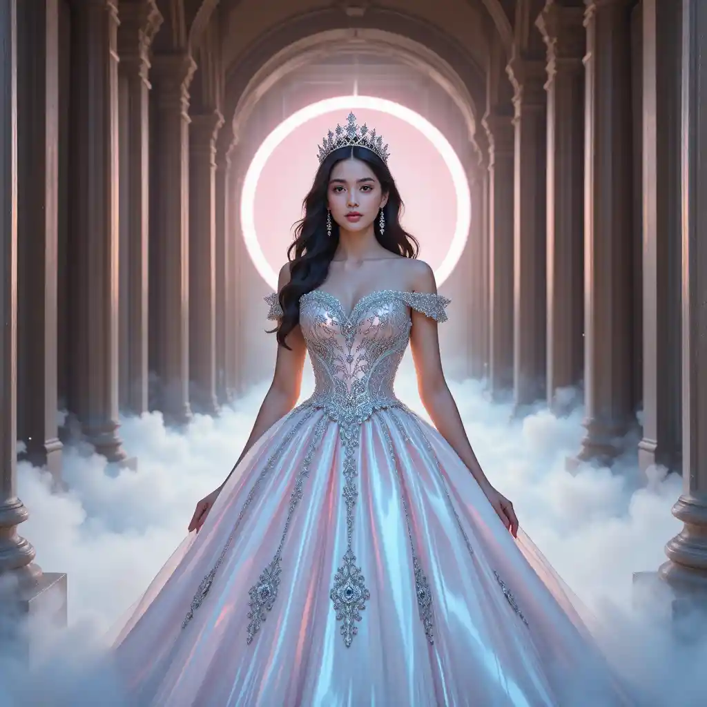 Regal young queen framed by glowing celestial archway