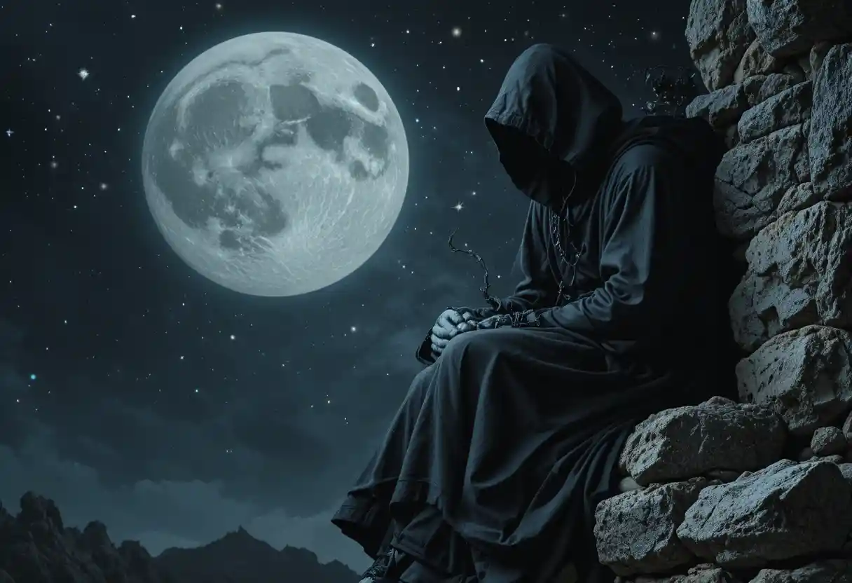 Hooded guardian resting his brow against ancient stone