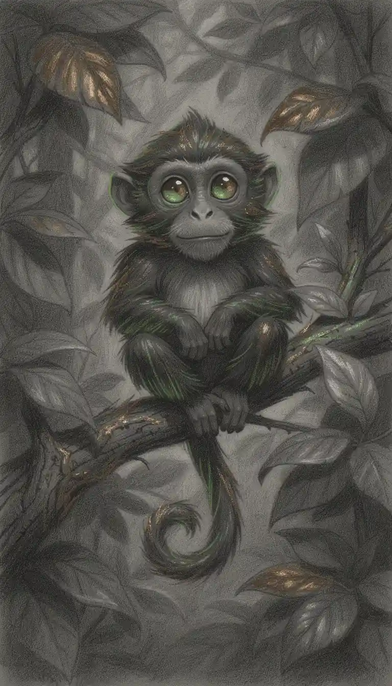 Charcoal portrait of a monkey glowing in a lush tree