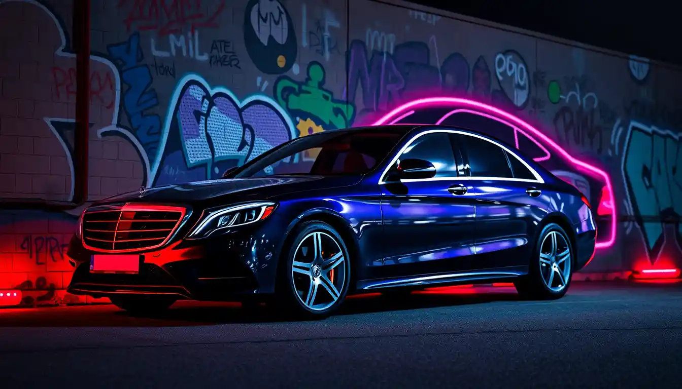 Berlina di lusso parcheggiata accanto a un vivace murale di graffiti