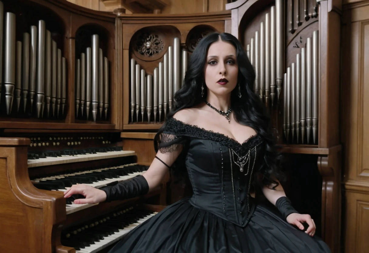 Gothic girl playing a pipe organ in dark interior