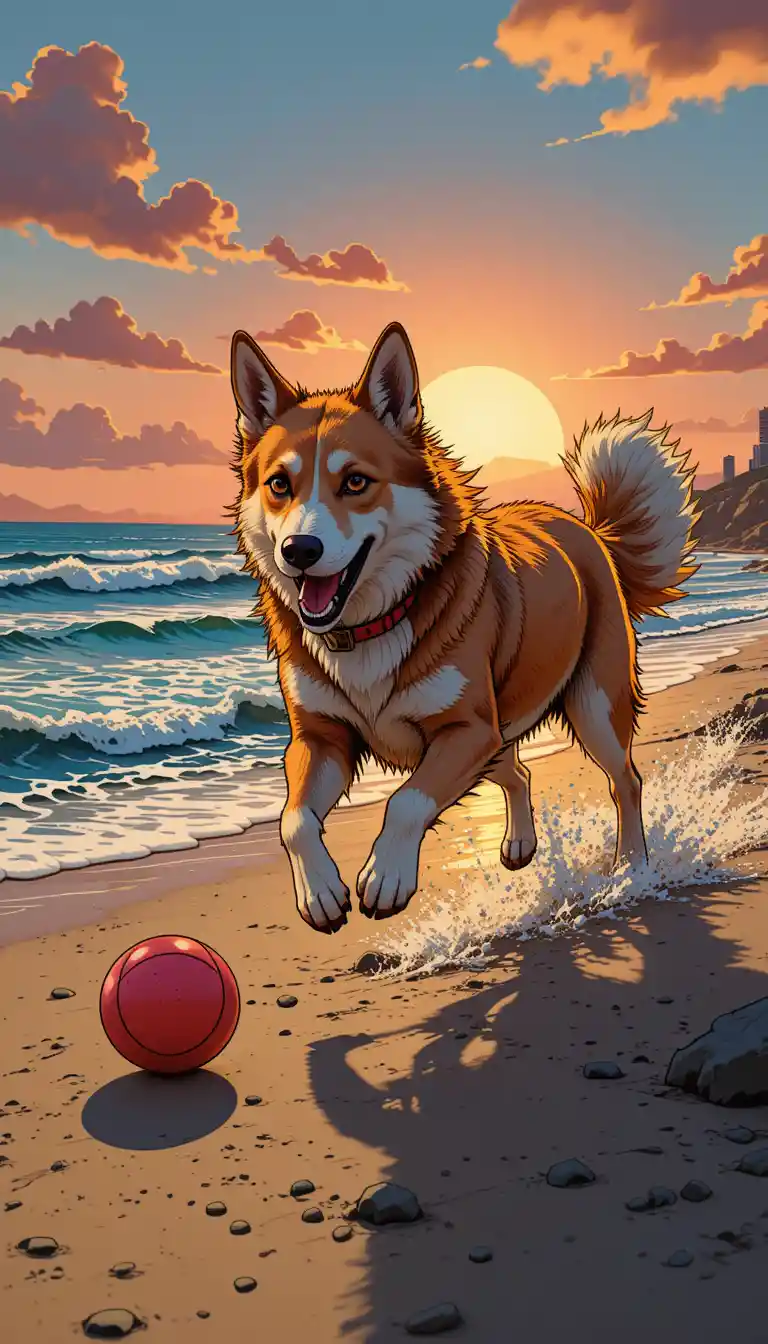 Verspielter Hund jagt bei Sonnenuntergang einen roten Ball am Strand