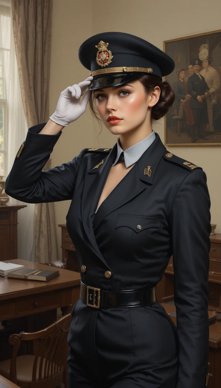 Mujer glamurosa con uniforme militar negro saludando en la oficina