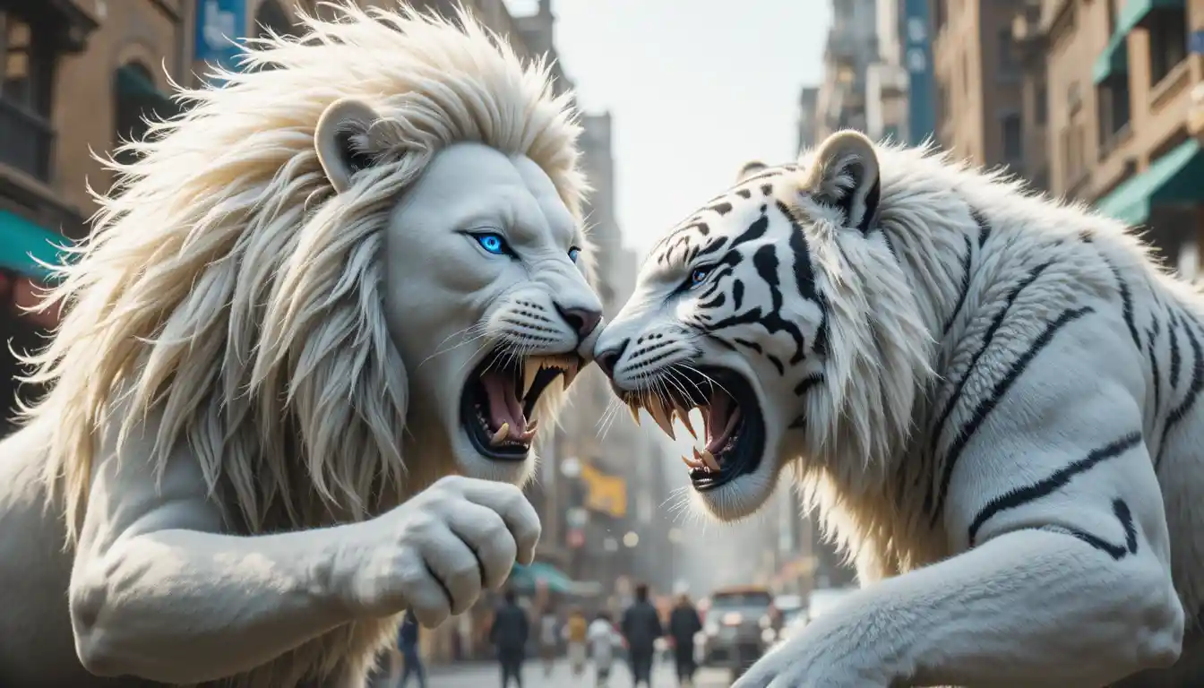 White lion and white bengal tiger fighting in the city streets