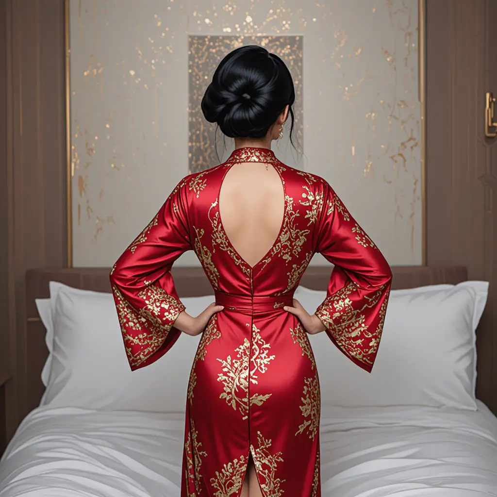 Woman in red floral satin robe standing on a bed