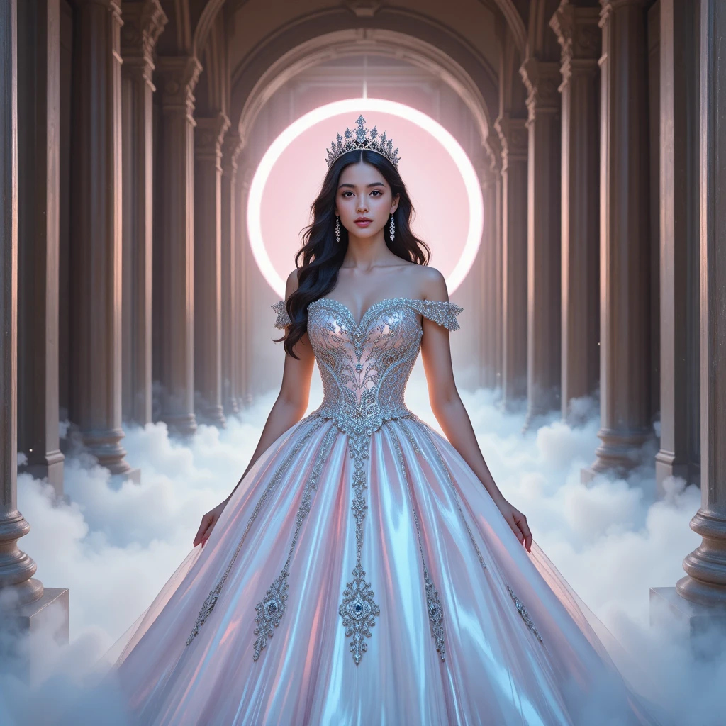 Jeune reine royale encadrée par une arche céleste lumineuse