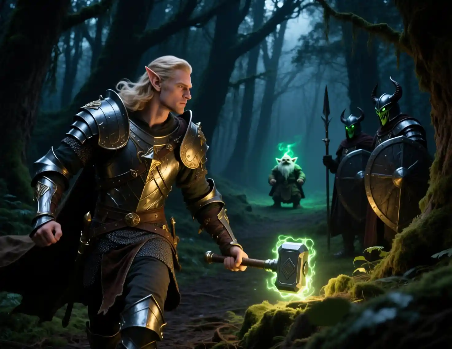 Elf warrior in resplendent armor moving through dark forest
