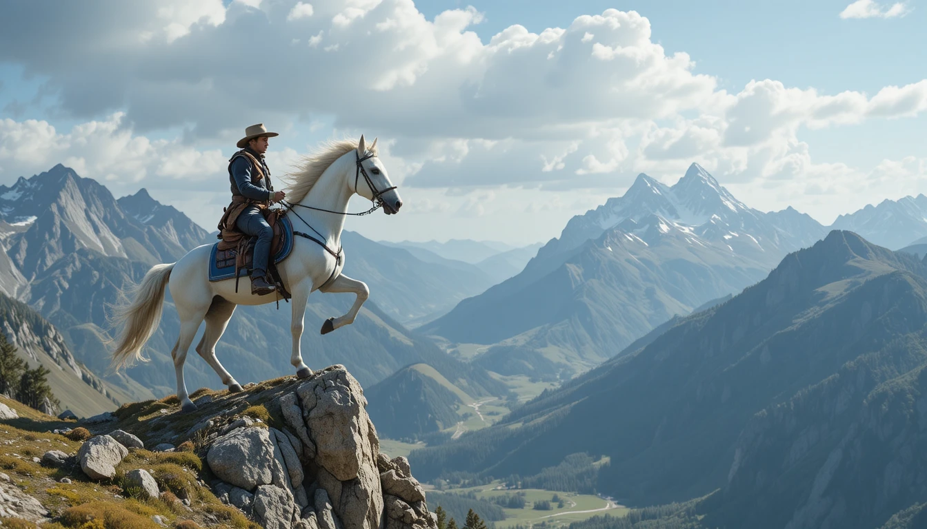 Vaquero montando un caballo que salta entre dos montañas