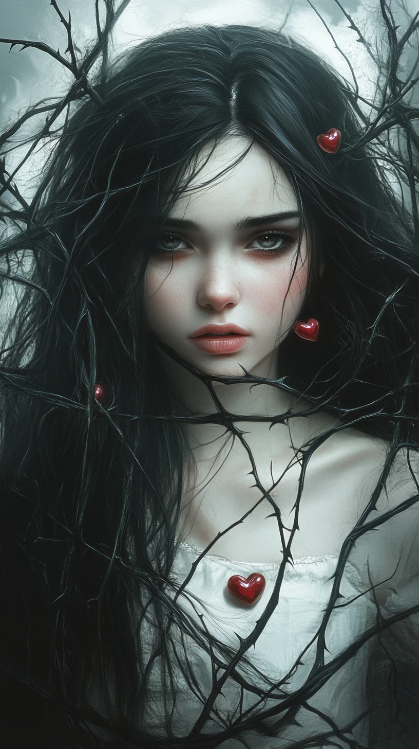 Gothic girl entwined in thorns with fragile red hearts