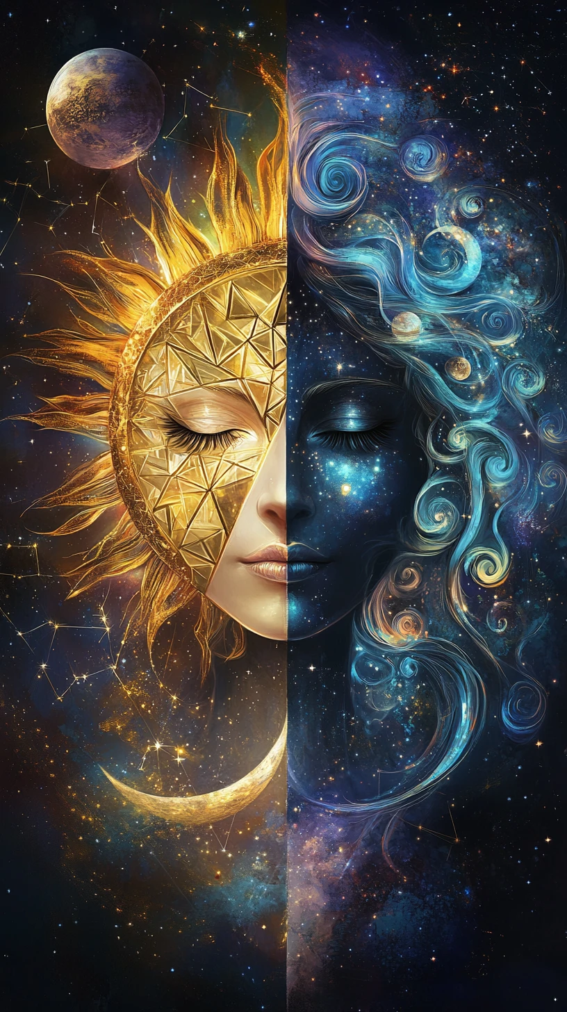 Surreal Celestial Sun And Moon Face In Cosmic Space