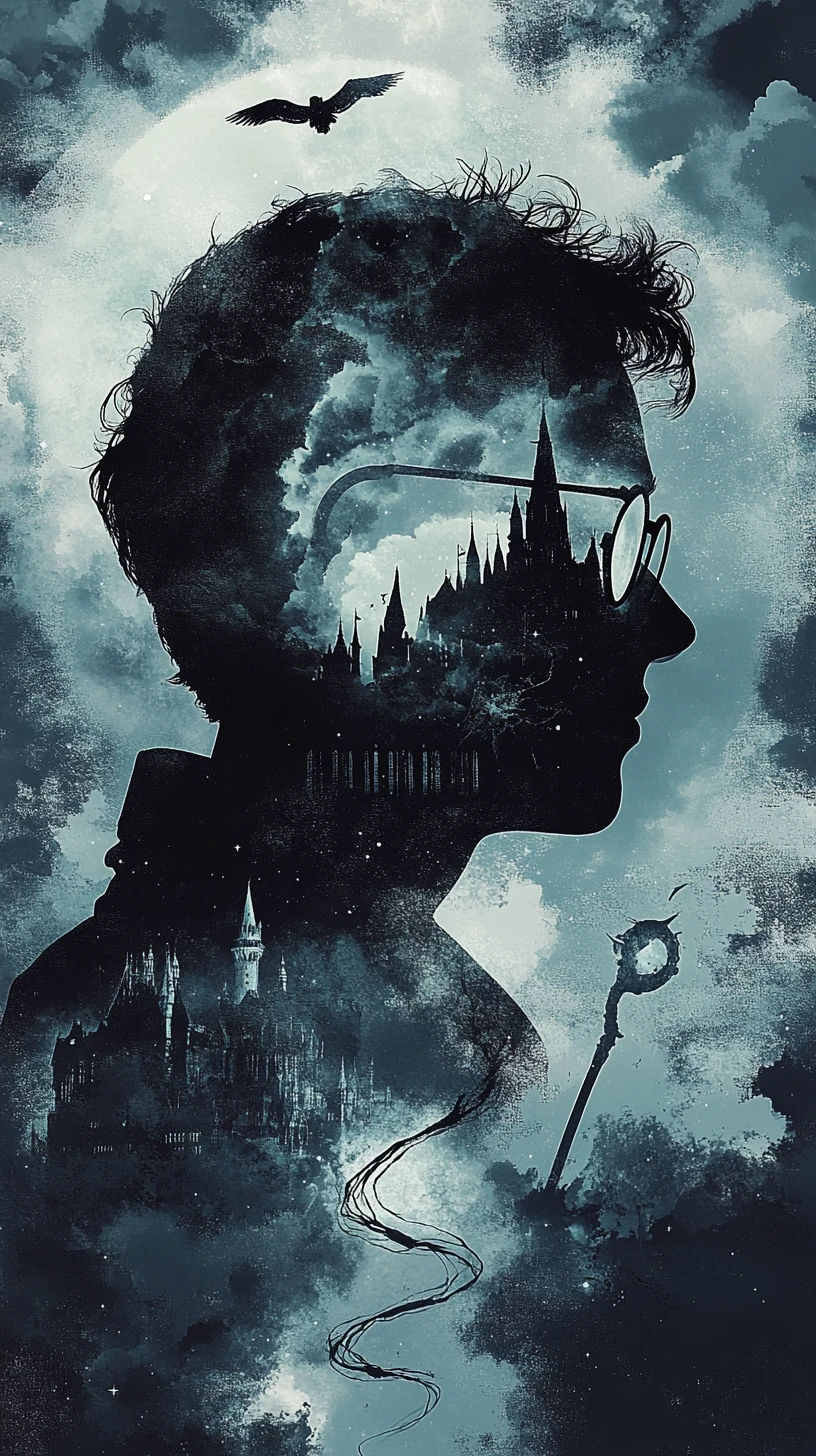 Young wizard in troubled profile amid fractured inner world